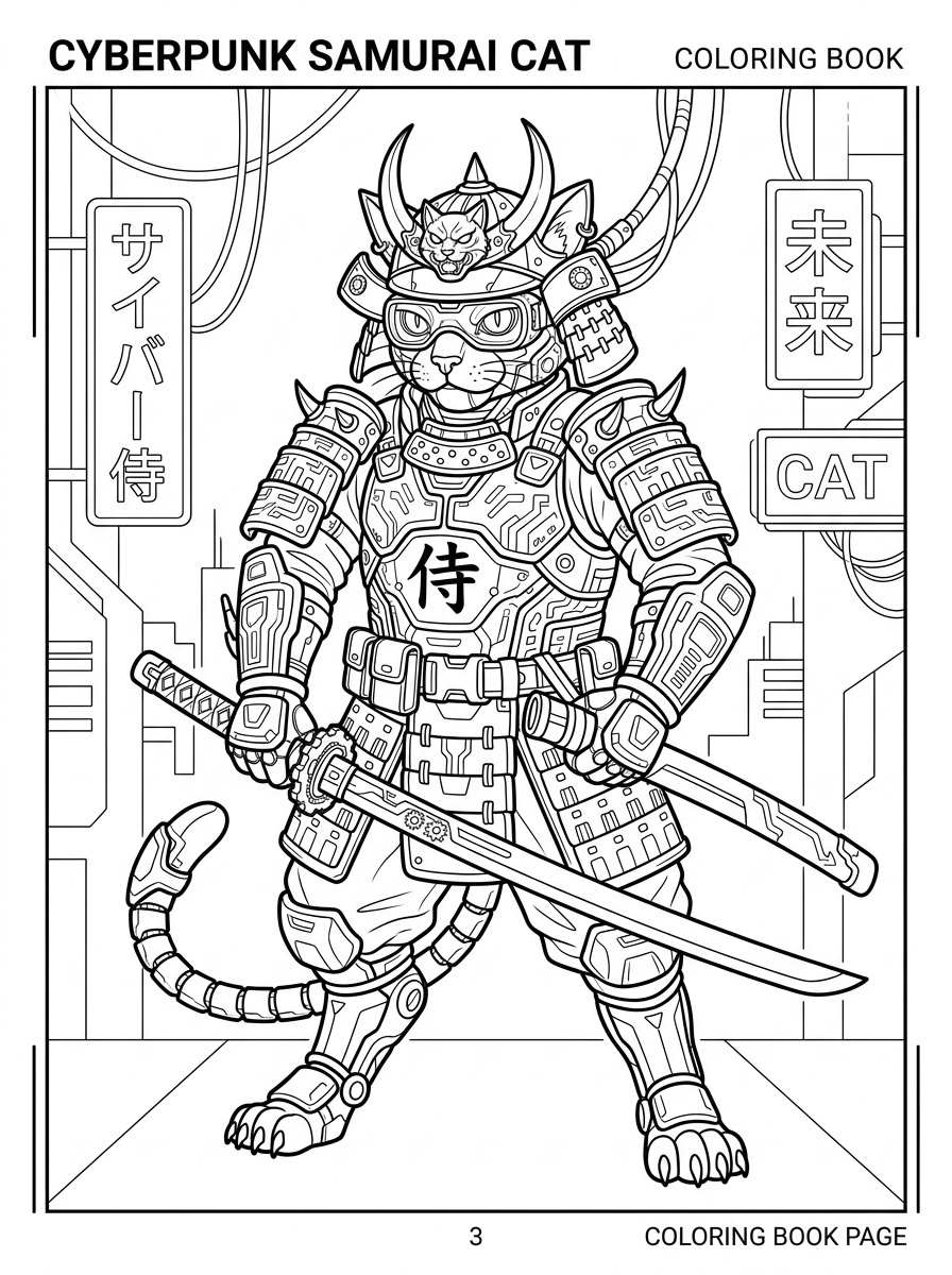 Wild Cyberpunk Cat Samurai Coloring Book Page